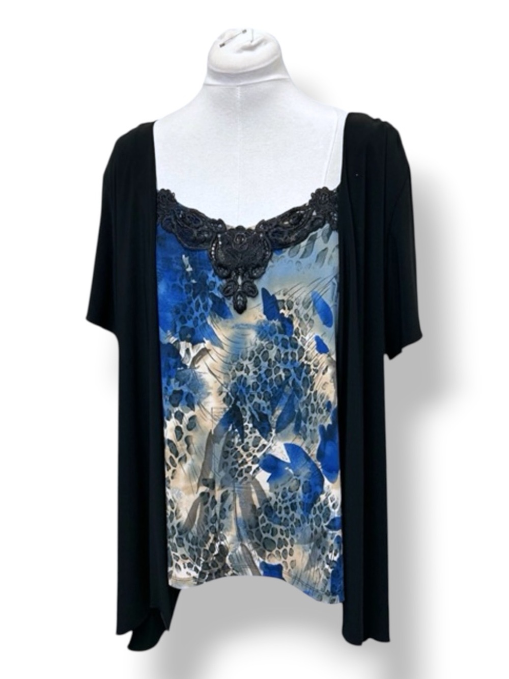 Susan Lawrence Women’s Short Sleeve V-Neck Layered Top Beaded Lace Black/Blue 3X